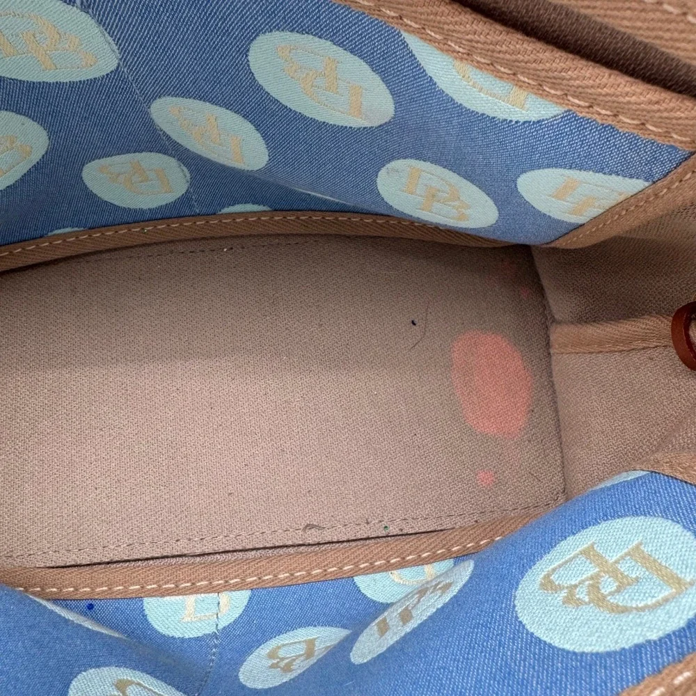 Dooney & Bourke Vintage Blue Denim DB Logo Circle Print Tote Bag‎ Brown Leather